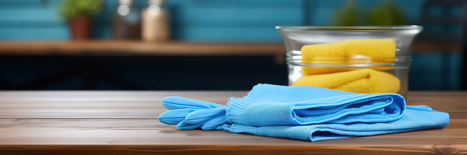 Gefaltete blaue Reinigungstücher und eine Glasschale mit gelben Reinigungstüchern dahinter auf einem Holztisch